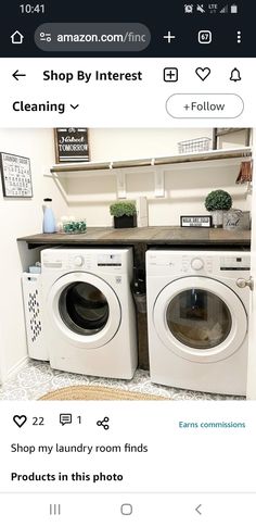 the app is showing two washers and dryer in front of a counter top