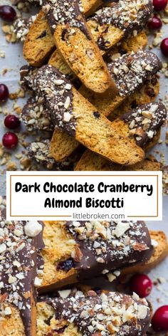 dark chocolate cranberry almond biscotti on a white plate with text overlay