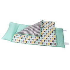 two baby blankets sitting on top of each other next to one another with green and white stripes