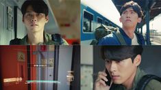 four different images of young men on their cell phones and in front of a train