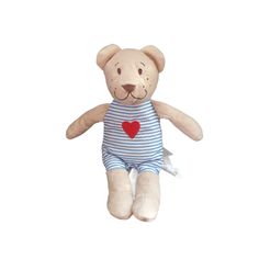 a teddy bear wearing a blue and white striped shirt with a red heart on it's chest