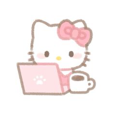 a hello kitty holding a laptop computer with a cup of coffee in front of it