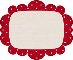 a red and white place mat with polka dots on the border, in front of a white background