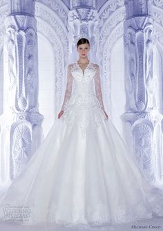 a woman in a white wedding dress standing on a stage with columns and arches behind her