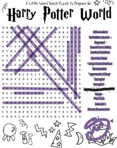 the harry potter word search puzzle is shown in purple and black, with words that spell out