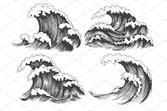 the great wave in the ocean set of four hand drawn illustrations on white paper with black ink