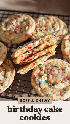 soft and chewy birthday cake cookies with sprinkles on a cooling rack