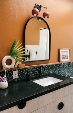 a bathroom sink with a mirror above it and a plant on the counter next to it