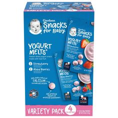 two packs of yogurt melts for babies with strawberries and bananas on them