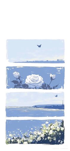 three different images of flowers and water with birds flying in the sky above them on a sunny day