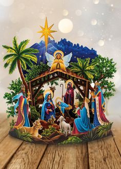 a nativity scene with the birth of jesus and three wise men, surrounded by palm trees