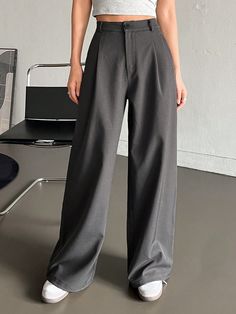 Women Casual Loose Wide-Leg Business Pants Dark Grey Casual   Woven Fabric Plain Wide Leg Non-Stretch All Women Clothing, size features are:Bust: ,Length: ,Sleeve Length: Light Grey Dress Pants Women, Gray Bussines Pants, Business Pants Women, Pants Inspiration, Wide Leg Slacks, Stradivarius Wide Leg Pants, Grey Trousers Women, Business Pants, Grey Trousers