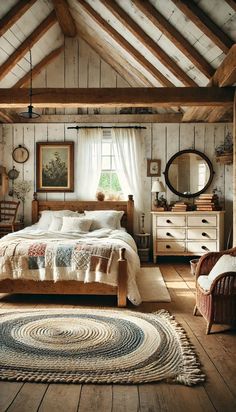 a bedroom with wood floors and white walls has a large bed in the center, along with a rug on the floor