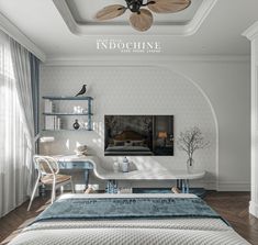 the bedroom is decorated in white and blue with an intricate ceiling fan above the bed