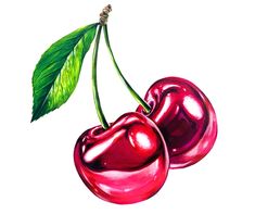 two cherries with green leaves on top