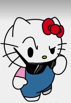 an image of hello kitty with a red bow on it's head and blue shorts