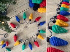 crocheted christmas lights are hanging on the string next to a pine tree and decorated with balls of yarn