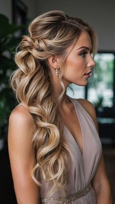 #haircolor #hairstyle #hairideas #hair #Ombrégreyhair #colorfullhairs Wedding Hair Curly Ponytail, One Sided Updo Hair, Fancy Medium Hairstyles, Long Hair Fancy Styles, Wedding Long Hair Updo, Fancy Hairstyles For Medium Hair Half Up, Cute Date Hairstyles Long Hair, Curly Ponytail Hairstyles For Prom, Up Hairstyles For Long Hair Wedding