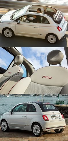 there are two pictures of the same car and one is white with red trims