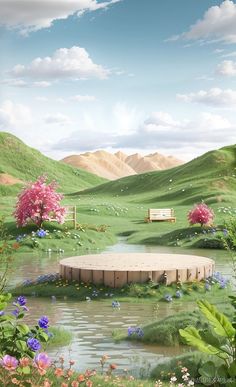 there is a bench in the middle of a field with flowers and trees around it