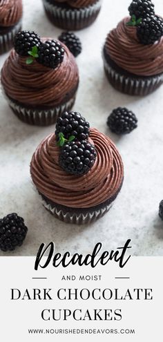 chocolate cupcakes with blackberries on top and the words decadent and most dark chocolate cupcakes