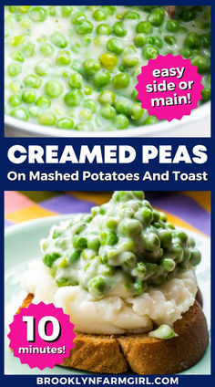 two pictures with peas on mashed potatoes and toast