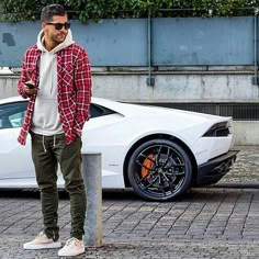 Kosta Williams! White Lamborghini #Men #Fashion #Street #menswear Flannel Outfits, Sweatshirt Outfit, Man Standing, Layering Outfits, Swag Style, Mens Joggers