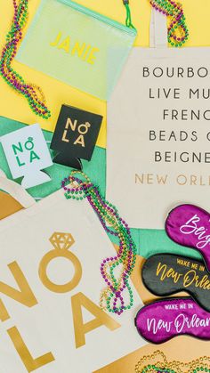 there are many different types of shoes on the ground with a sign that says bourbon, live music, friends, beads or new orleans