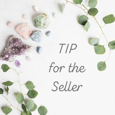 the words tip for the seller surrounded by rocks and leaves on a white background with green foliage