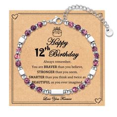 a birthday bracelet with the message happy 12th birthday