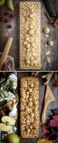 an assortment of food that includes apples, nuts and other things to make it look like they