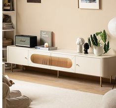 a living room scene with focus on the entertainment center and plants in vases sitting on top