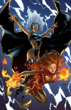 two women dressed as superheros flying through the air with fire and lightning behind them