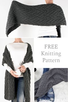 a woman wearing a gray knitted shawl with text that reads free knitting pattern