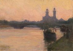 an oil painting of boats in the water near a bridge and clock tower at sunset