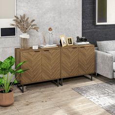 a living room scene with focus on the sideboard and plant in the foreground