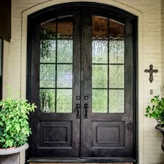 GID Pre-Hung Doulble Iron Front Door With Aquatex Glass ED433 Double Front Door Ideas, Black Exterior Paint, Bp House, Brown Front Doors, Entryway Staircase, Arched Front Door, Wrought Iron Entry Doors, Black Exterior Doors, Double Front Entry Doors