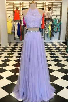 Round Neck Two Pieces Purple Tulle Lace Long Prom Dresses, 2 Pieces Purple Formal Dresses, Purple Lace Evening Dresses Prom Dress Purple, Lavender Prom, Two Piece Evening Dresses, Purple Dresses Formal, Lilac Prom Dresses, Lace Long Prom Dress, Lavender Prom Dresses, Purple Tulle, Purple Evening Dress