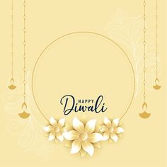 happy diwali greeting card with flowers and hanging lights on the strings in yellow background