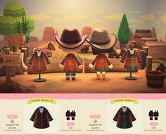 an image of some clothes and hats in the game animal crossing, which is on display