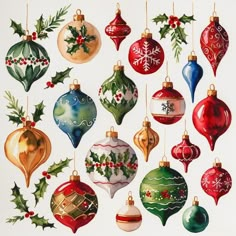 a painting of christmas ornaments hanging from strings