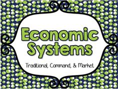 the words economic systems in green and blue polka doted background with an oval frame