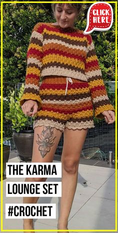 a woman walking down a sidewalk with her legs crossed and the words, the karma lounge set crochet