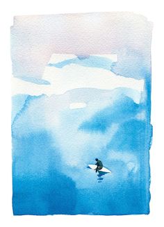 a watercolor painting of a person on a surfboard in the middle of an ocean