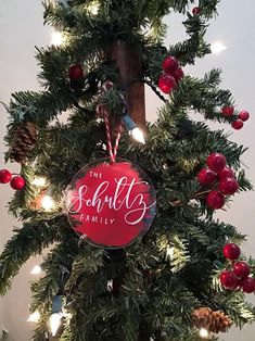 a christmas ornament hanging from the side of a tree