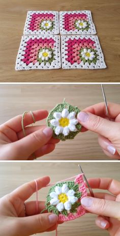 crocheted coasters with flowers being worked on