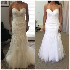 two pictures of the same wedding dress