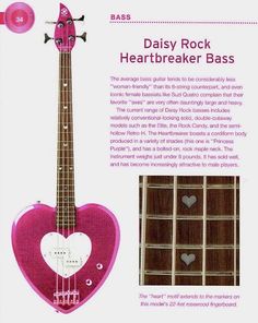 an advertisement for a pink guitar with hearts on the neck and strings, in front of a white background