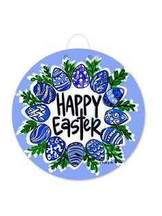 a happy easter sign hanging from the side of a blue plaque with an egg wreath on it