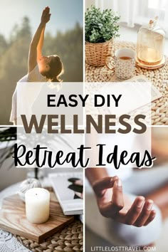 Four images in one pin. Top left of a woman doing yoga, top right of a journal and cup of tea. Bottom left of a candle. Bottom right of someone meditation for wellness retreats. Diy Couples Retreat, Wellness Retreat Activities, Wellness Retreat Ideas, Diy Wellness Retreat, Mental Health Retreat, Retreat Business, Crossfit Workouts For Beginners, Retreat Space, Retreat Planning